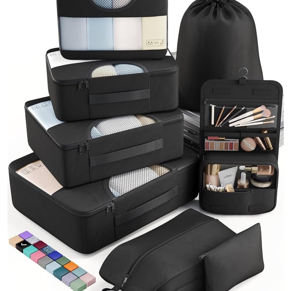 Black Makeup Organizer Set with Packing Cubes and Hanging Toiletry Bag